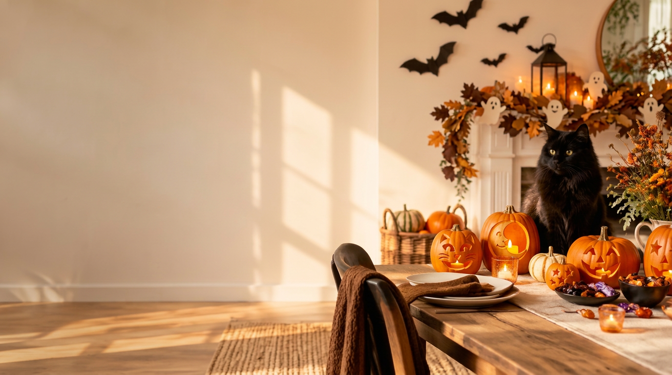 Un chat noir dans une maison décorée de citrouilles et de fantômes pour Halloween